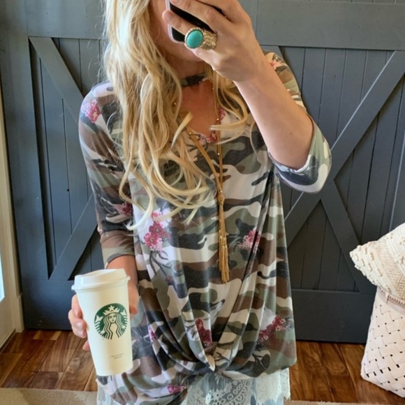 New Camo Front Knot Tie Soft Knit Tunic Blouse - Picture 5 of 6